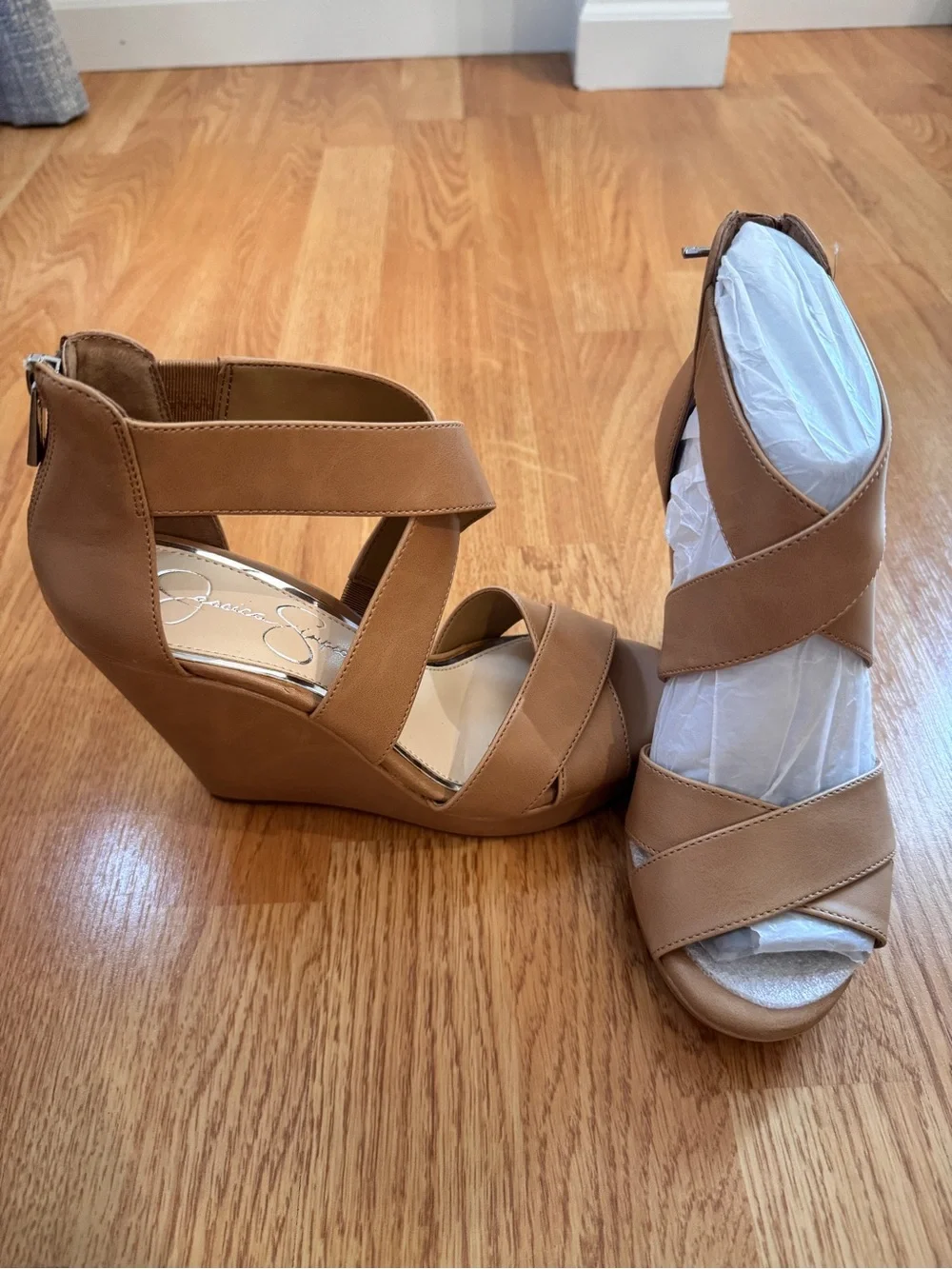 Jessica Simpson Nude Wedge Sandals with Crisscross Straps - Picture 2 of 2